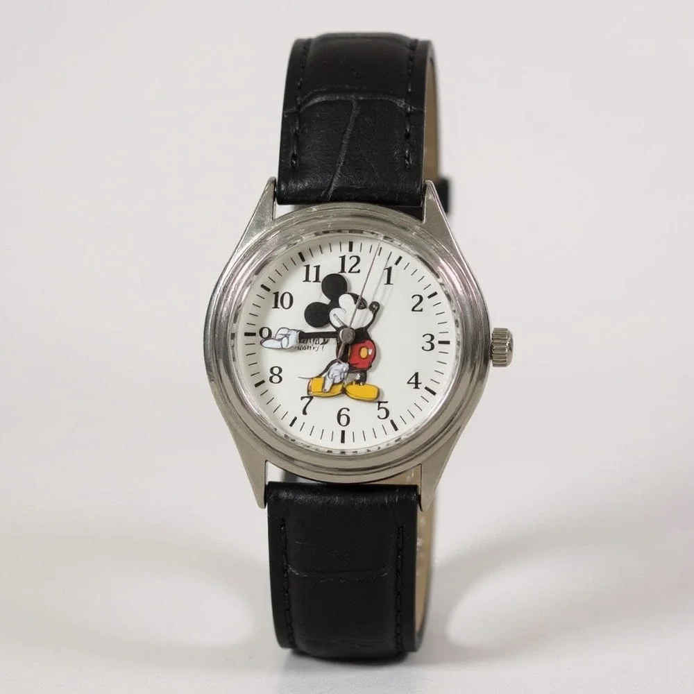 Disney Time Works Mickey Mouse Watch Womens Stainless Steel Back Genuine Leather